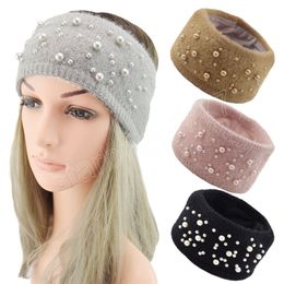 Knitted Pearl Headband Women Winter Ears Warmer Pearls Wide Hairband Solid Colour Knitting Woollen Headbands Elastic Hair Band