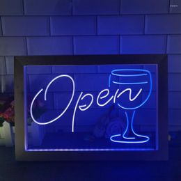 Party Decoration Script OPEN Glass Cocktails Bar Dor Dual Colour LED Neon Sign Po Frame Creative Table Lamp Bedroom Desk Wood 3D Night Light