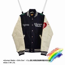 Men's Jackets Girls Dont Cry Human Made Jacket Men Women 1 1 High Quality Embroidery Dryalls Human Made Leather Sleeve Baseball Jackets Coats T220914