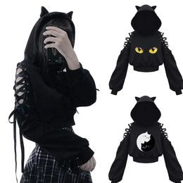 Women Long Sleeve Hoodies Kawaii Cat Ears Hoodie Gothic Punk Harajuku Cold Shouler Bandage Gothic Black Sweatshirts