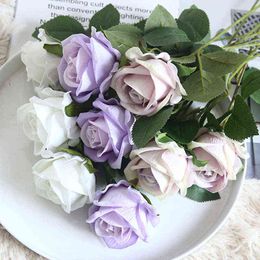 Faux Floral Greenery 5Pcs Artificial Flowers Silk Rose Long Branch Bouquet For Wedding Home Decoration Fake Flowers Diy Wreath Supplies Accessories J220906