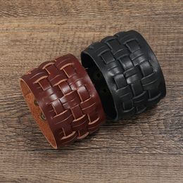 Motorcycle Wide Weave Cross Leather Bangle Cuff Multilayer Wrap Button Adjustable Bracelet Wristand for men women Fashion jewelry