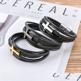 Link Chain Luxury Mticolor Cross Design Classic Stainless Steel Mens Leather Bracelet 19/21/23Cm Choose Handsome Christmas Gifts 120 Dhj3E