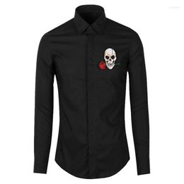 Men's Casual Shirts 2022 Men Luxurious Embroidery Rose Fashion Silk Shirt High Pocket Long-sleeves S 2XL #D275