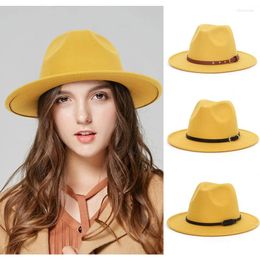 Berets Yellow Fedora Hat Women's Classic Wool Felt Wide Brim Jazz Top Autumn And Winter Men's Leather With Warm Panama