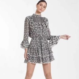 Casual Dresses 2022 Summer Arrive Ruffles Printed Women Mini Dress Stand Collor Flare Sleeve Lady Short