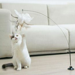 Cat Toys Feather Wand Toy Powerful Suction Cup Long Rod Funny Cats Stick Wire Bell Sucker Fixed Interactive