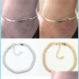 Anklets New Sier / Gold Flat Snake Chain Anklet Bracelet Women Simple Delicate Foot Summer Beach Feet Jewellery Lots 12 Pcs 189 W2 Drop Dhejc