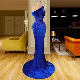 Grace Sapphire Blue Mermaid Evening Dresses One-Shoulder Special Occasion Dress Appliques Sequins Women Floor Length Prom Gowns for Party Vestido De Noiva de mariee