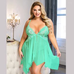 Women's Sleepwear Erotic Sexy Lingerie For Women Nightwear 5XL Big Size Short Lace Transparent Deep V-Neck Mesh Sling Loose Chemise De Nuit