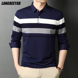 Men's Polos Top Quality Fashion Brand Striped Casual Plain Designer Long Sleeves Man Stretch Polo Shirt Korean Tops Men Clothes 220915