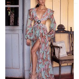 Casual Dresses 2022 Summer Sexy V Neck Hollow Out Long Sleeve Floral Print Women Chiffon Dress Slim Split Boho Holiday Vestidos 60176