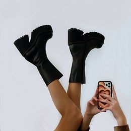 Botlar Platform Orijinal Deri Ayak Bileği Ayakkabı Moda Orta Buzağı Kadın Kış INS Botas De Mujer Boyut 35 44 220915