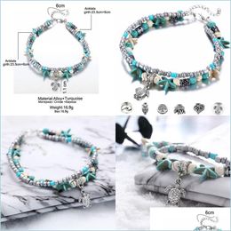 Anklets Double Deck Anklets Turtle Starfish Conch Beaded Yoga Beach Pendants Bracelet Women Resin Lucky Necklace Fashion Jewellery Orna Dhs4R