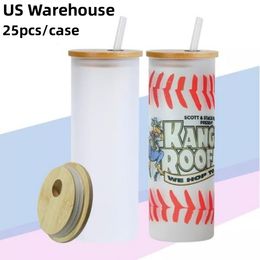 US Warehouse 25oz Sublimation Straight Frosted Glass Tumbler Blank Water Bottle With Bamboo Lid & Straw DIY Beer Mugs Coffee Cups B6