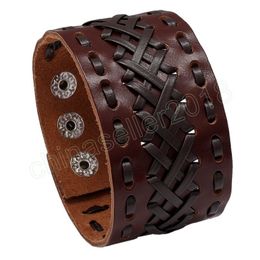Weave Wide Lace Bandage Leather Bracelet Cuff Button Adjustable Bracelet Wristand for men women Fashion jewelry black
