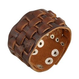 Wide Leather Square Knit Bracelet Cuff Button Adjustable Bracelet Wristand for men women Fashion Jewellery