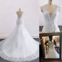 Real Image Mermaid Wedding Dress Sleeveless White V Neck Lace Appliques Bridal Dress Marriage Custom Made