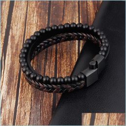 Bangle Bangle Fashion Natural Stone Magnetic Button Leather 21Cm Braided Bracelet Mens Titanium Steel Jewellery Nice Gift 3418 Q2 Drop Dhqbv