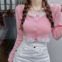 Women's Knits Tees Korean Version Fashion Long-sleeved Thin Sweater Women Sweet Cute Japanese Kawaii Lace Single-breasted Short Top 220915