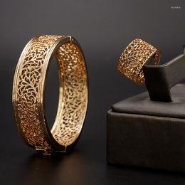 Bangle Arabesque Design Gold Color Ring Set For Bridal Middle East Wedding Jewelry Fashion Women Cuff Bangles Bijoux Marriage