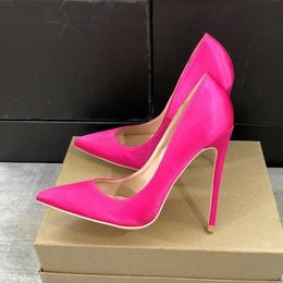 Rose Pink Stiletto Shoes Fashion Red Bottom Women Satin Fabric Pointed Toe High Heels Ladies Chic Banquet Thin Heel Pumps Bridal Silk Wedding Shoes Plus Size 45