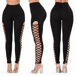 Women's Pants Capris lady punk fashion black cross bandage leggings women skinny pencil pants side stripe party club disco pant 220915