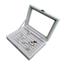 Jewelry Pouches Velvet Glass Box Organizer Rings Earrings Necklace Tray Display Storage Case Grey Showcase Clear Lid