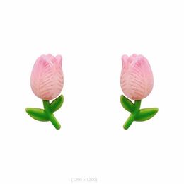 Stud Earrings Retro Tulip Green leaves and pink flowers Earring Gentle Temperament Spring Flower Sweet Girl Ear Accessories