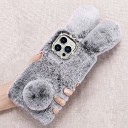 Rabbit Ears Furry Cell Phone Cases for IPhone 14 12 11 13 Pro Max XR 7 8 Plus 3D Cute Diamond tpu soft furry cover