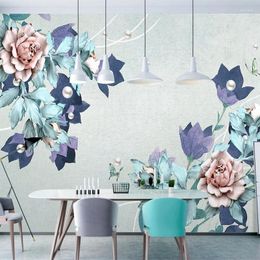 Wallpapers Custom 3D Po European Jewelry Pearl Blue Flowers Mural Non-woven Straw Texture Wallpaper Bedroom Living Room TV Backdrop Wall