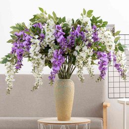 Faux Floral Greenery 100Cm Long Branch Wisteria Artificial Flower Wedding Decoration Violet Green Leaf Plant Hotel Wall Hanging Flower Piece J220906