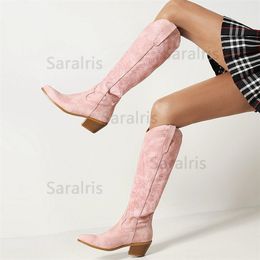 Boots Cowgirl Women Western Winter Embroidery Fashion Knee High Big Size 45 Short Plush Elegant Shoes 220914