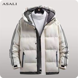 Mens Down Parkas Winter Hooded Jacket Striped Windbreaker Casual Thicken Warm Outerwear Solid Color Coat 220914