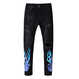 Men Man Designer Jeans Mens Straight Pants Rip Slim Fit with Patches Totem Skinny Black Biker Denim Stretch Motorcycle Knee Hole Hip Hop Rock 20ss Streetwear