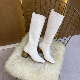 2022 autumn and winter boots thick high-heeled knitted elastic socks boots square toe middle-heeled British thin casual all-match nude