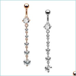 Navel Bell Button Rings Fashion Stainless Steel Zircon Long Dangle Round Rhinestone Navel Belly Ring Button Bar Barbell Rings Pierci Dhzp7