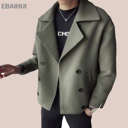 Men's Wool Blends EBAIHUI Men's Short Trench British Style Lapel Double Breasted Coat Black Green Casual Daily Straight Hem Outwear 220915