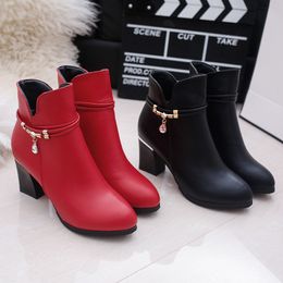 Boots Comemore Autumn Winter Women Shoes Red Middle Heel High Heels Ladies Pipe Zipper Short Boot Female 220915