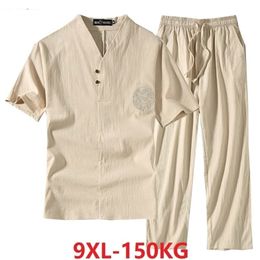 Men's Tracksuits Men's Clothing Large Size Tracksuit Husband Summer Suit Linen t-shirt Fashion Male Set Chinese Style 8XL 9XL plus Two Piece 220914