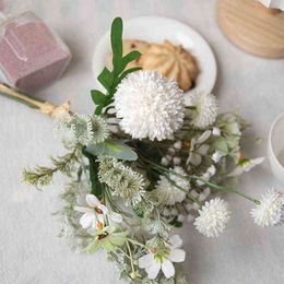 Faux Floral Greenery White Artificial Silk Flowers Dandelion Bride Bouquet Home Wedding Decoration Vase Fake Plant Living Room Decor Arrange Table J220906