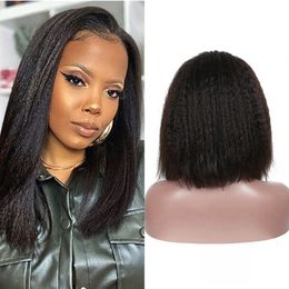 Kinky Straight Lace Front Wigs 130% Short Brazilian Human Hair Pre Plucked HD Lace Bob Wig for Women
