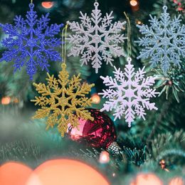 Christmas Decorations 6pcs 10cm Plastic Gold Silver Glitter Powder Snowflake Xmas Ornaments Pendant Tree Decorative Hanging 220914