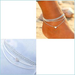 Anklets Heart Shaped Love Charm Anklet Mti Storey Retro Alloy Sandy Beach Siery Jewellery Chain Kette Cadena Argent Footornament Fashio Dhfyx