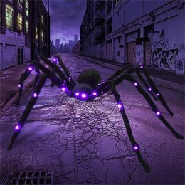 Party Decoration 125/75cm Black Scary Giant Spider with Huge Purple LED Spider Web Halloween Decoration Props Haunted Indoor Outdoor Decoration 220915