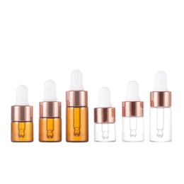 Amber And Clear Mini Glass Bottles with Dropper 1ml 2ml 3ml 5ml with Rose Gold Cap For Sample Essence