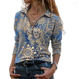 Women's T Shirts Women T-shirt Retro Print Half Zip V-Neck Long Sleeve Plus Size Tops And Tees Autumn Casual Slim Lady Street Green Blue Tee