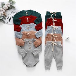 Clothing Sets Infant born Baby Girl Boy Spring Autumn RibbedPlaid Solid Clothes Long Sleeve Bodysuits Elastic Pants 2PCs Outfits 220915