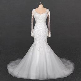 Mermaid wedding dress large tail elegant lace clear mesh slim fit and slim Long-sleeved MY20606