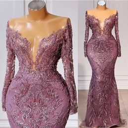 Plus Size Arabic Aso Ebi Mermaid Prom Dresses Lace Beaded long sleeve Evening Formal Party Second Reception 0915 on Sale